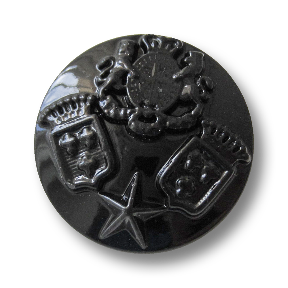 Schwarz glänzender Metall Knopf mit 3 Wappen & Stern