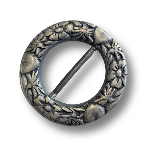www.knopfparadies.de - 6903as - Altsilberfarbene, schwere Metallschnalle mit Blüten- und Herzmuster