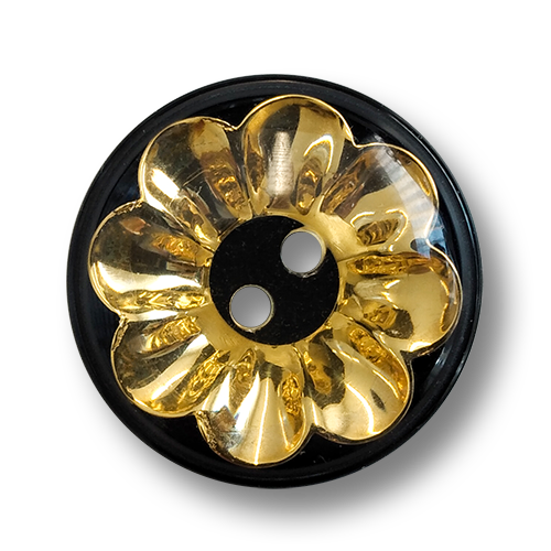 www.knopfparadies.de - 6134gs - Schwarz-goldfarbene Kunststoffknöpfe mit Blüte