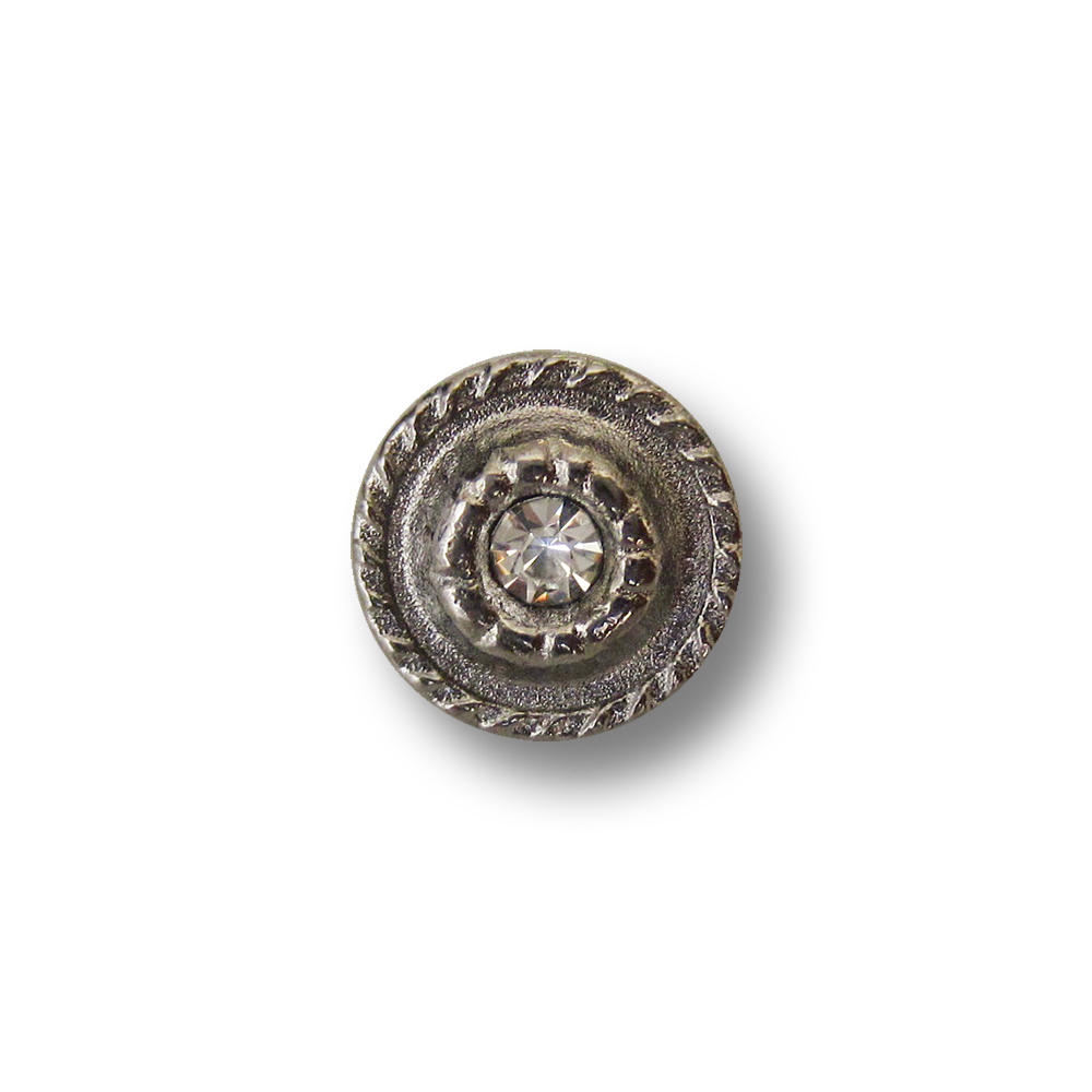 Sehr kleine hell eisenfarbene Metall Ösenknöpfe mit weißem Glitzer Schmuckstein