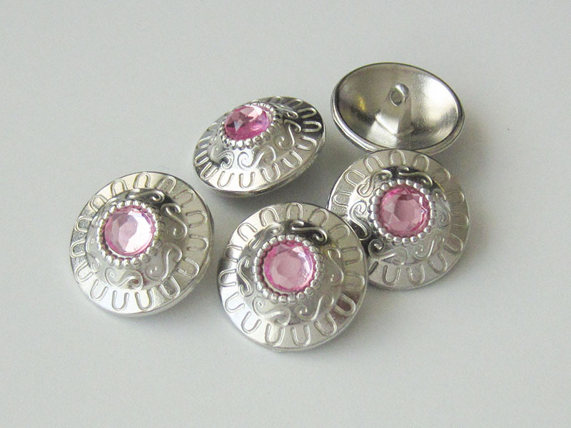 www.knopfparadies.de - 3440ps - Silberfarbene Metallknöpfe mit pinkem Glitzerstein