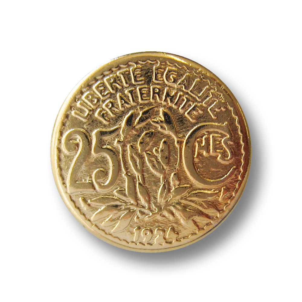 Flacher goldfarbener Metall Ösen Knopf wie frz. 25 Centime Münze von 1924