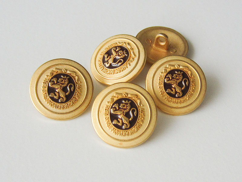 www.Knopfparadies.de - 0311br - Edle Metallknöpfe in Gold und Braun mit Löwen Motiv
