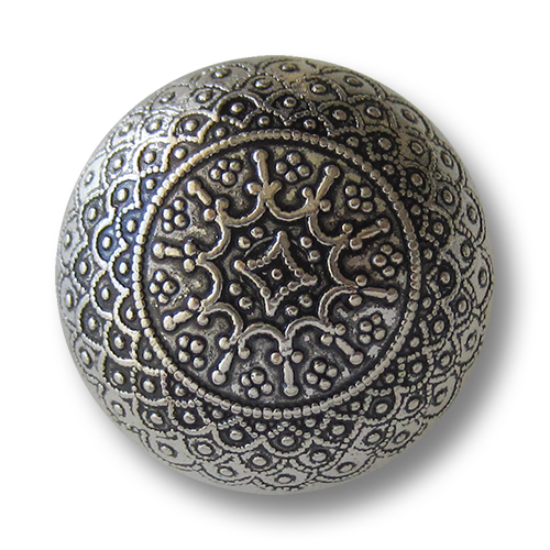 www.knopfparadies.de - 1546as - Nostalgische glänzend altsilberne halbkugelförmige Metallknöpfe mit filigranen Ornament Muster
