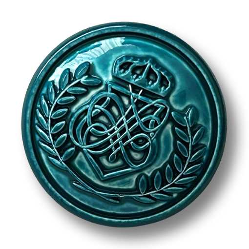www.knopfparadies.de - 7043bl - Blauer Metall-Wappenknopf mit Krone und Monogramm