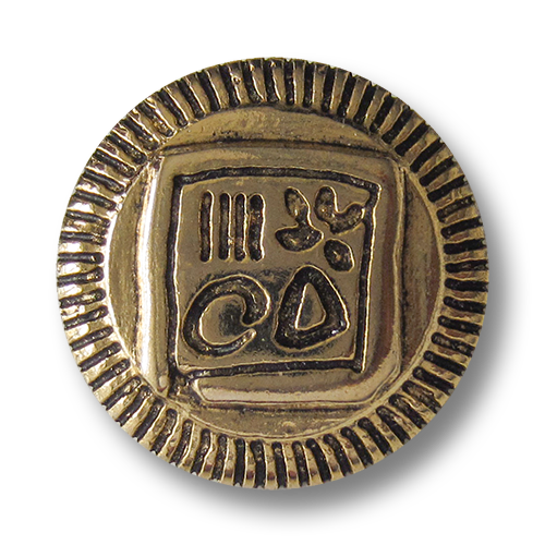 www.Knopfparadies.de - 0851ag - Phantasievolle goldene Metallknöpfe mit geschwärztem Viereck & Symbolen