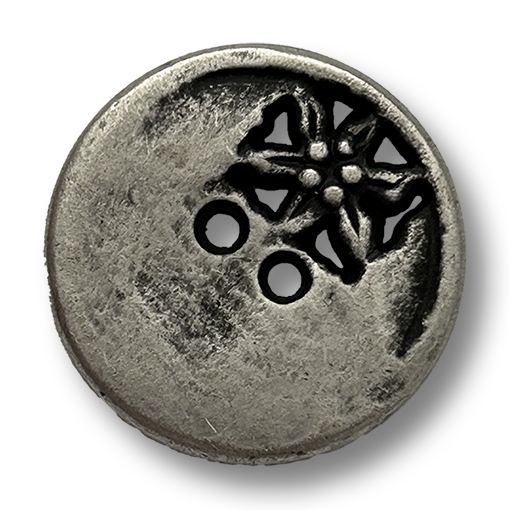 Flacher Trachtenknopf aus Metall mit Edelweiß in Altsilber