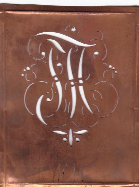www.knopfparadies.de - FH-sch-013 - Aussteuerschablone, Wäsche-Schablone Schnörkel Kupfer Monogramm FH
