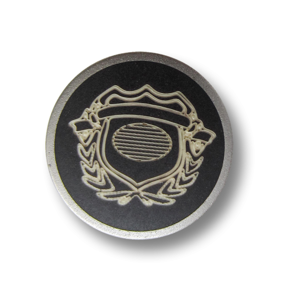 Schwarz silberfb. Metall Knopf mit naturweißem Wappen
