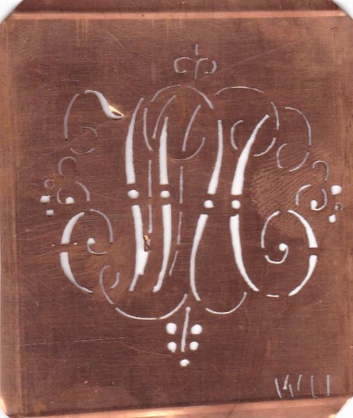 www.knopfparadies.de - Aussteuerschablone, Wäsche-Schablone Kupfer Monogramm WU