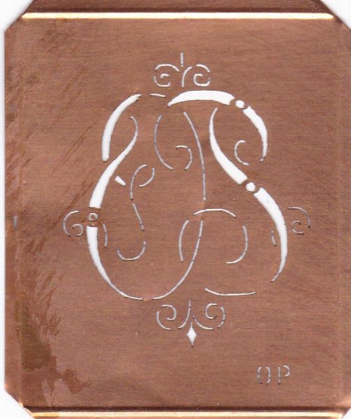 www.knopfparadies.de OP-sch-555 - Verschnörkelte, alte Kupferschablobe zum Sticken von Monogrammen OP