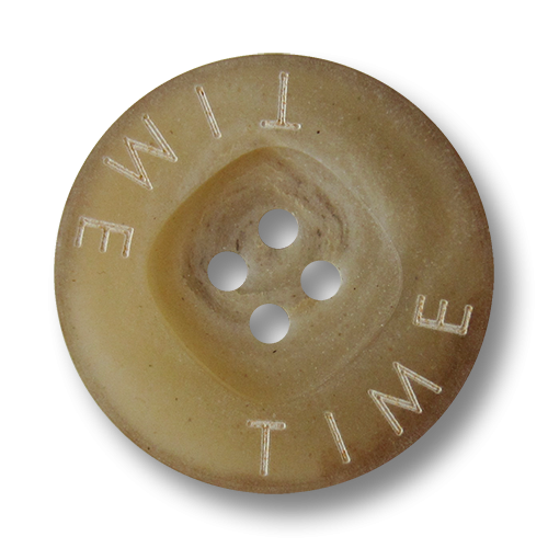 www.Knopfparadies.de - 2661be - Moderne beige Kunststoffknöpfe in Horn Optik mit weißem Schriftzug "TIME"