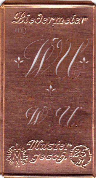 www.knopfparadies.de - WU-sch-103 - Stickschablone, Wäsche-Schablone Kupfer Monogramm WU
