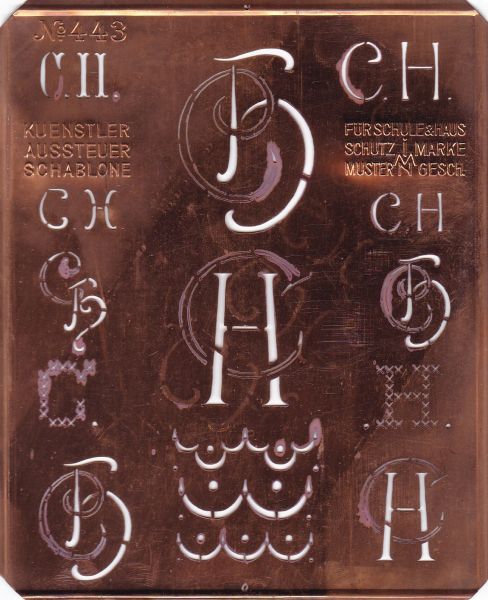 Stickschablone, Wäsche-Schablone Kupfer Monogramm CH