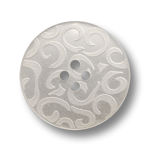 www.knopfparadies.de- 6225we - Weiß schimmernde Kunststoffknöpfe mit vier Löchern und Ornament Muster