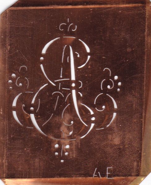 Aussteuerschablone, Wäsche-Schablone Schnörkel Kupfer Monogramm AE