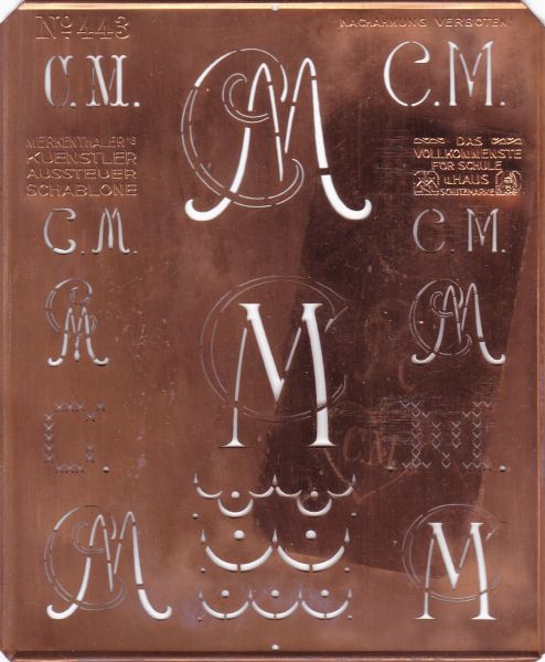 Stickschablone, Wäsche-Schablone Kupfer Monogramm CM
