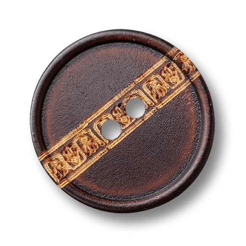 Brauner Holz Knopf mit Zier Bordüre und zwei Knopflöchern