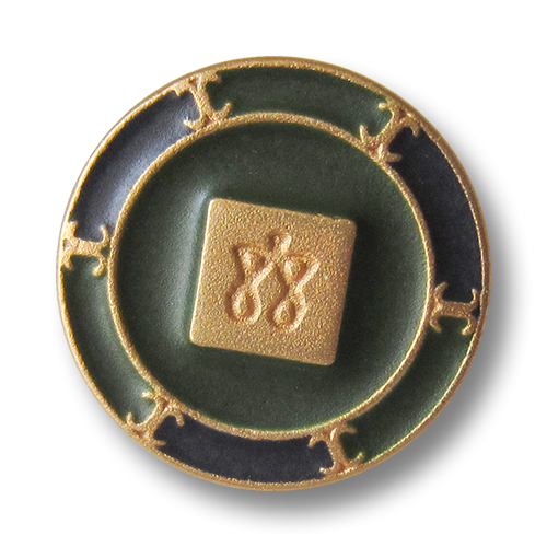 www.Knopfparadies.de - 4022gr - Imposante goldene Metallknöpfe mit Viereck, Symbolen und grünen & blauen Flächen