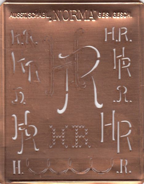 www.knopfparadies.de - HR-sch-NORMA - Aussteuerschablone, Wäsche-Schablone NORMA Kupfer Monogramm HR