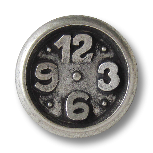 www.Knopfparadies.de - 0285as - Originelle Metallknöpfe in Altsilber mit Uhr Motiv