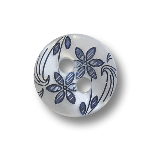 Kleiner perlmutt weißer Knopf mit blauem Blumen Muster