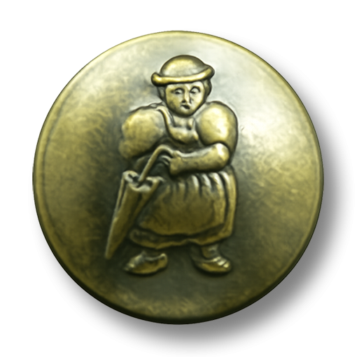 Trachtenknopf aus Metallblech altmessingfarben mit Figurenmotiv