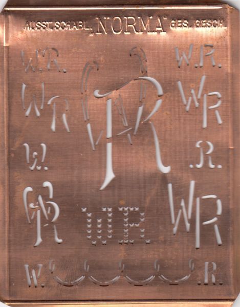 Aussteuerschablone, Wäsche-Schablone NORMA Kupfer Monogramm WR