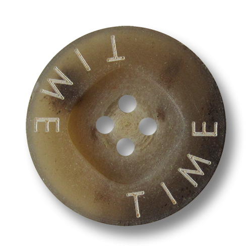 www.Knopfparadies.de - 2661hb - Moderne braune Kunststoffknöpfe in Horn Optik mit weißem Schriftzug "TIME"