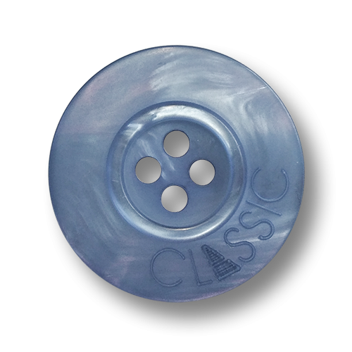 www.knopfparadies.de - 6563bl - Blau schimmernde Mantelknöpfe aus Kunststoff mit vier Knopflöchern