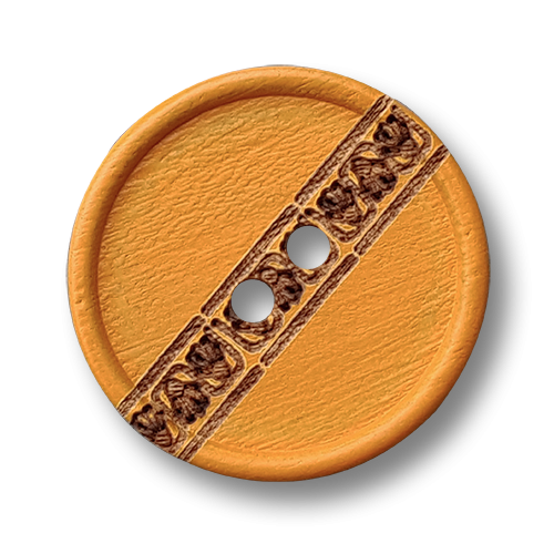 Gelber Holz Knopf mit Zier Bordüre und zwei Knopflöchern