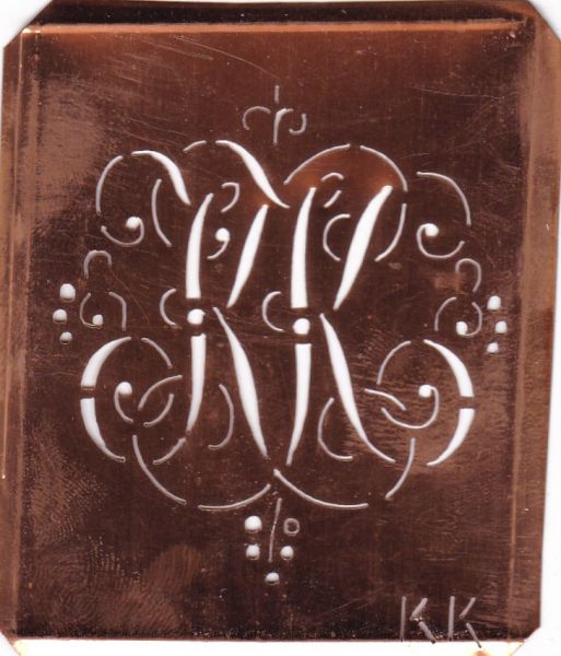 www.knopfparadies.de - KK-sch-557 - Aussteuerschablone, Wäsche-Schablone Schnörkel Kupfer Monogramm KK