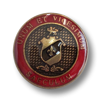 Elegante Metallknöpfe mit Wappenmotiv in rot und messingfarben Elegante Metallknöpfe mit Wappenmotiv in rot und messingfarben