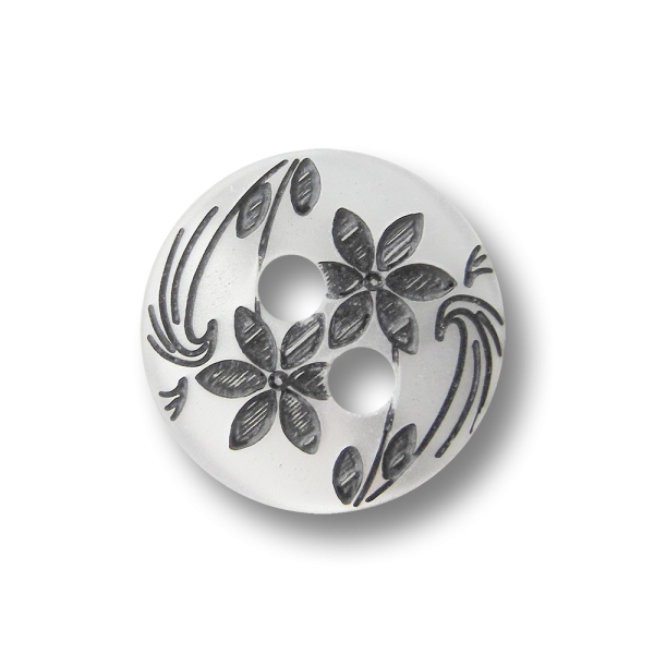 Kleiner perlmutt weißer Knopf mit schwarzen Blüten