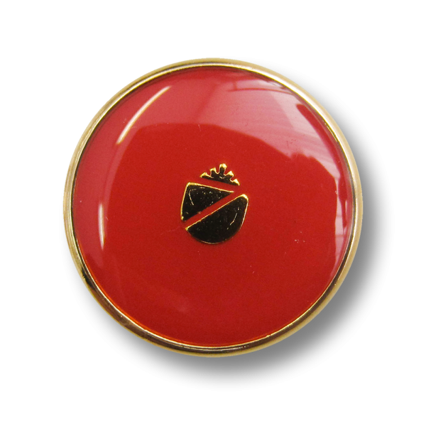 Glänzend rot goldfarbener Metall Knopf mit Wappen
