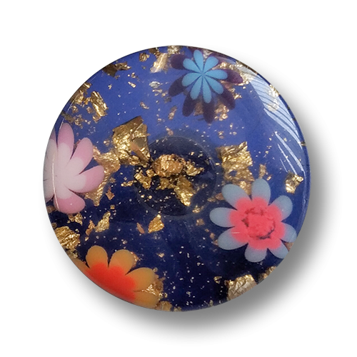 www.knopfparadies.de - 6016bg - Blaue Kunststoffknöpfe mit goldenem Glitter und Blüten