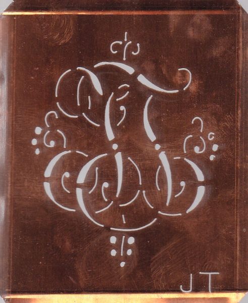 www.knopfparadies.de - JT-sch-557 - Aussteuerschablone, Wäsche-Schablone Schnörkel Kupfer Monogramm JT