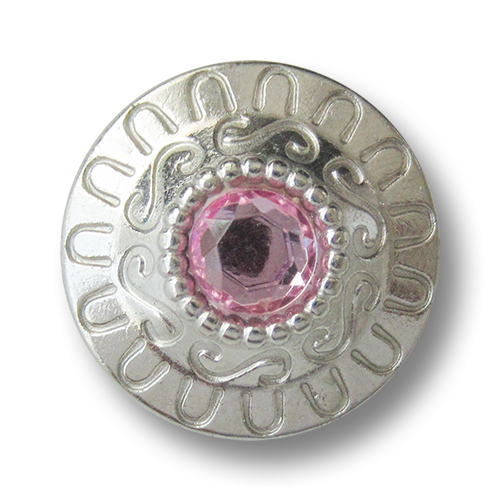 www.knopfparadies.de - 3440ps - Silberfarbene Metallknöpfe mit pinkem Glitzerstein
