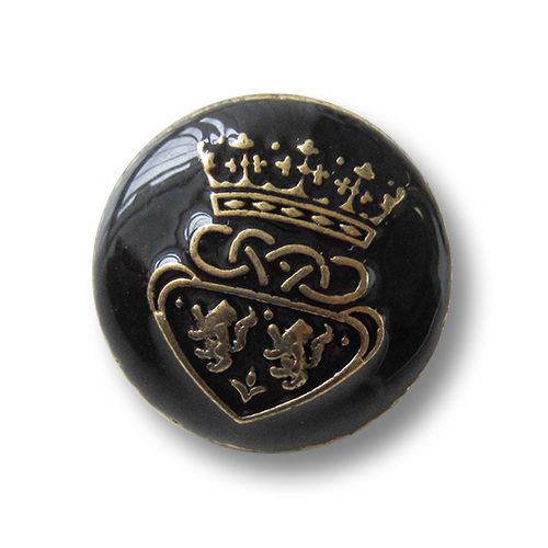 Nobler schwarz goldfb. Metall Ösen Knopf mit Krone, Wappen und Löwen
