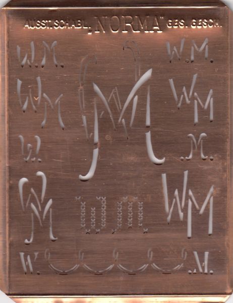 www.knopfparadies.de - WM-sch-NORMA - Aussteuerschablone, Wäsche-Schablone NORMA Kupfer Monogramm WM