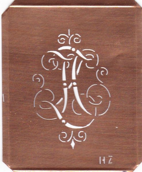 www.knopfparadies.de HZ-sch-555 - Verschnörkelte, alte Kupferschablobe zum Sticken von Monogrammen HZ