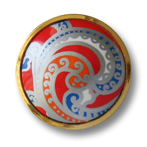 Goldene Ösenknöpfe mit Paisley Muster in Silber, Orange, Rot & Blau