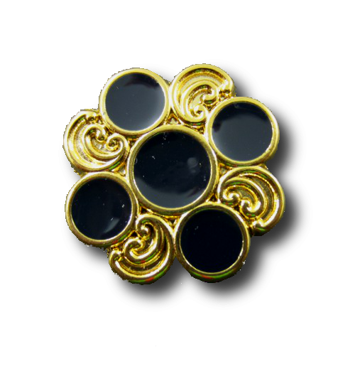 Restposten: 5 Metallknöpfe – Metall – schwarz-gold – unrund – 15mm – Öse