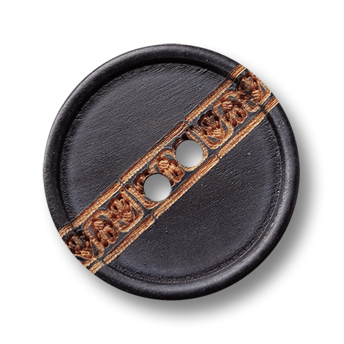 Schwarzer Holz Knopf mit Zier Bordüre und zwei Knopflöchern