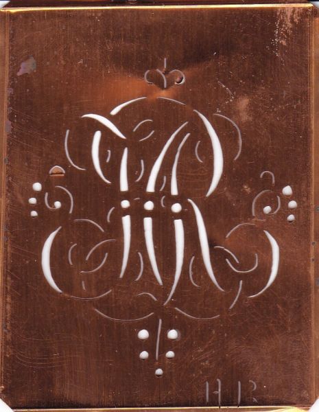 www.knopfparadies.de - HR-sch-557 - Aussteuerschablone, Wäsche-Schablone Schnörkel Kupfer Monogramm HR