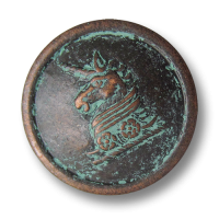 www.Knopfparadies.de - 5431kg - Alt wirkende Metallknöpfe mit Einhorn Motiv in Altkupfer mit künstlicher Patina www.Knopfparadies.de - 5431kg - Alt wirkende Metallknöpfe mit Einhorn Motiv in Altkupfer mit künstlicher Patina