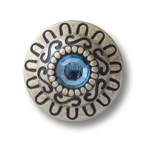 www.knopfparadies.de - 3440bl - Altsilberfarbene Metallknöpfe mit blauem Glitzerstein