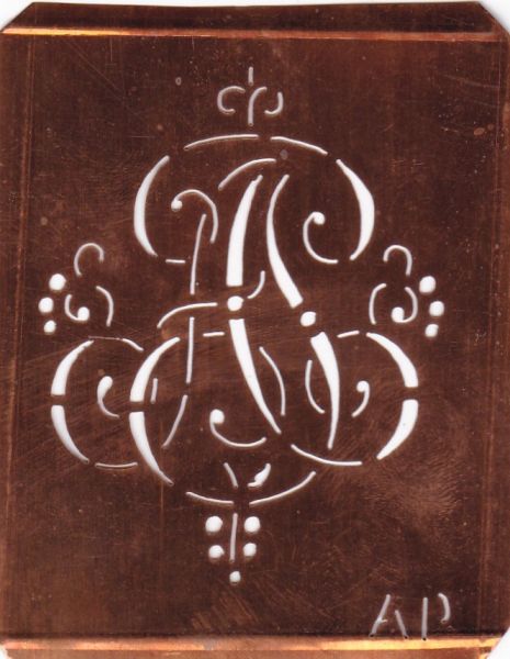 Aussteuerschablone, Wäsche-Schablone Schnörkel Kupfer Monogramm AP