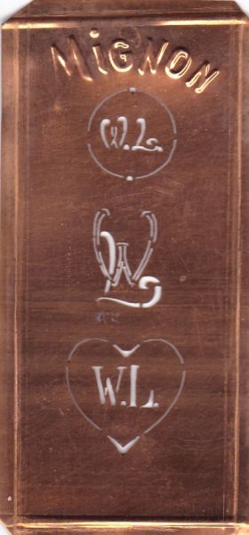 Stickschablone, Wäsche-Schablone Kupfer Mignon Monogramm WL